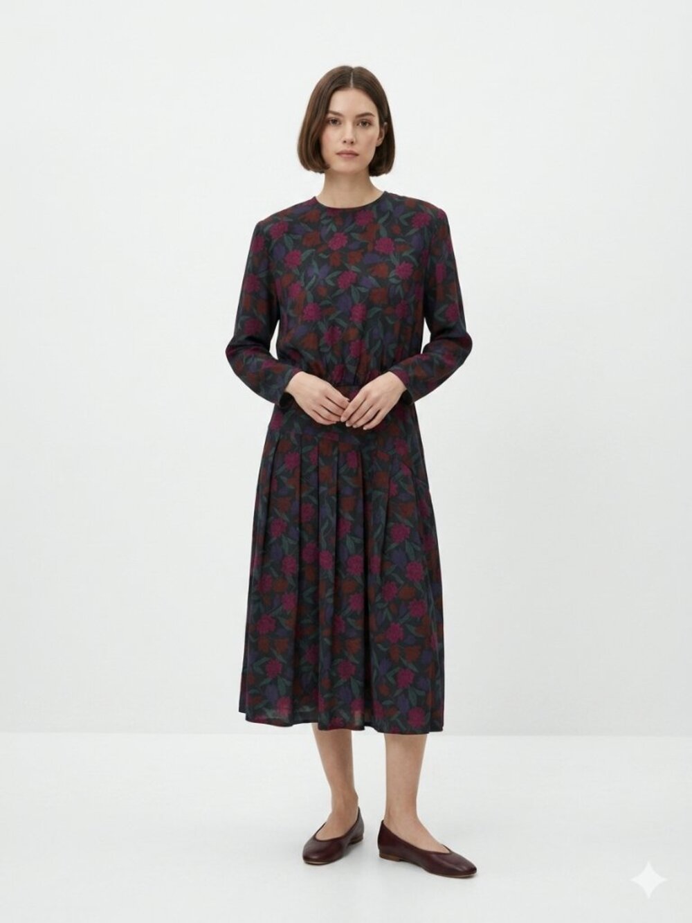 Vintage Talbots Dress Navy Blue Floral Midi Pleated 12
